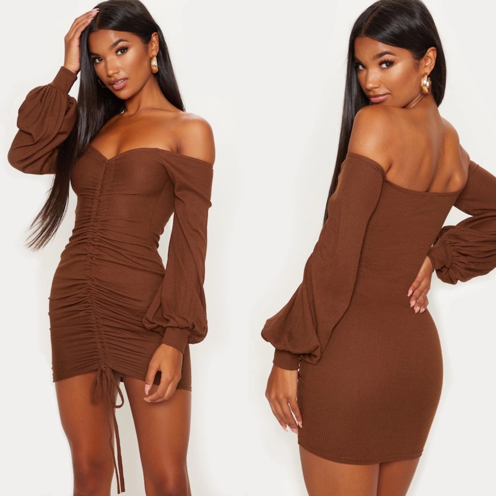 NWT PLT Bardot Dress Chocolate